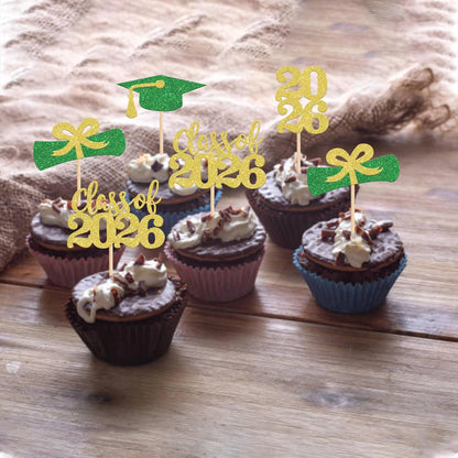 36 PCS 2026 Graduation Theme Cupcake Toppers Glitter Class of 2026 Grad Cap Diploma Cupcake Picks 2026 Graduation Theme Party Cake Decorations Supplies Deep Blue