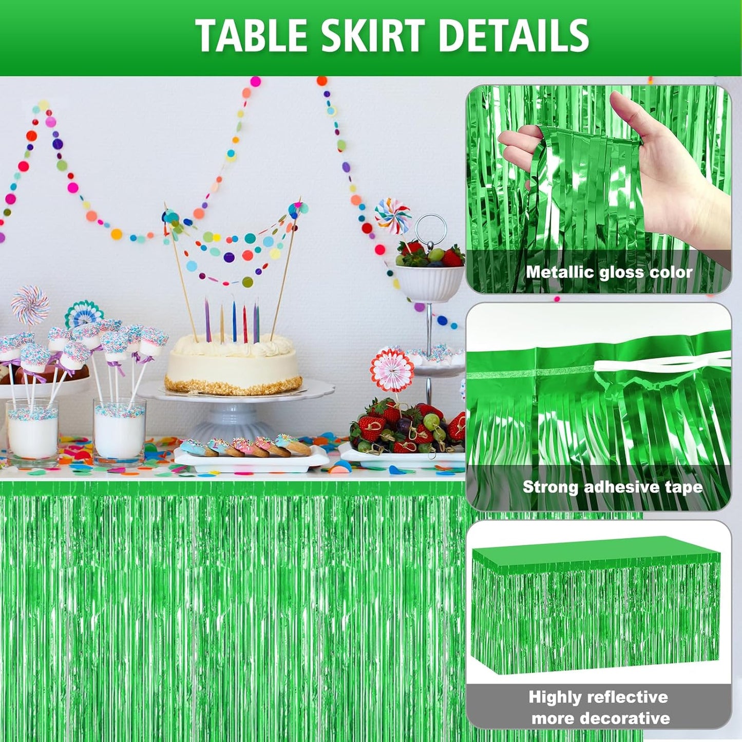 2 Pack 29.5x108 Inch Silver Foil Tinsel Fringe Table Skirts, Disposable Table Skirts for Rectangle Tables Curtains Backdrop Parade Wedding Floats Baby Shower Birthday Mardi Gras Party