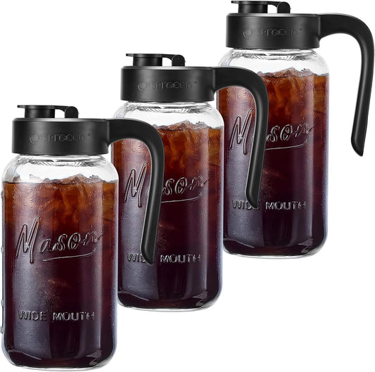 Mason Jar Pitcher - Airtight & Leakproof Glass Pitcher with Lid, Perfect for Breastmilk, Cold Brew, and Sun Tea, 2 Quart (64 oz) 1/2 Gallon Mason Jar with Pour Spout Lid