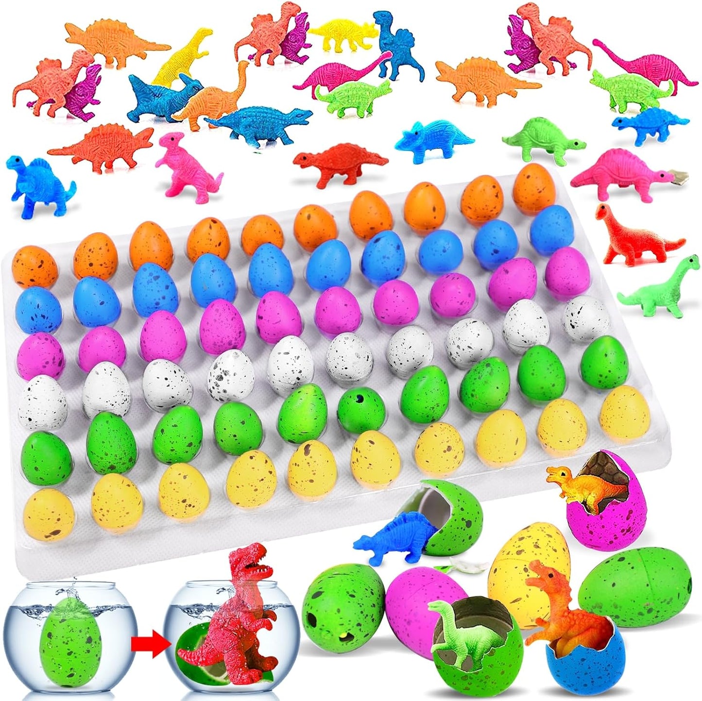 60 Pcs Hatching Dinosaur Eggs for Kids Party Favors, Easter Egg Filled with Toys Novelty Grow in Water Dino Eggs with Toys Inside Easter Basket Stuffers Birthday Gifts, Classroom Prize, Pinata Fillers