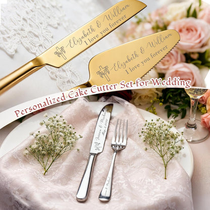 Personalized Wedding Cake Knife and Server Set, Custom Engraved Cake Cutting Set with Name Date, Customized Wedding Gifts for Birthday Bride & Groom (2 - Piece Set)