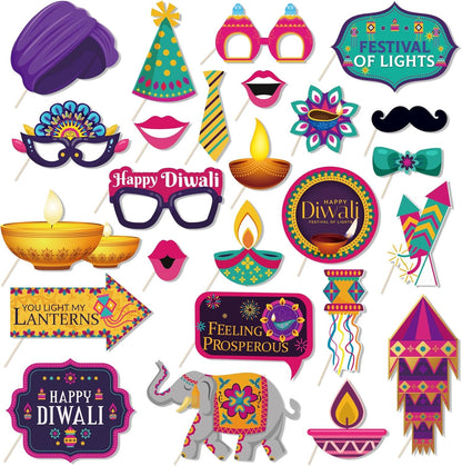 KYMY Happy Diwali Party Photo Booth Props Set, 1pc Deepavali Rangoli Selfie Frame with 20pcs Photo Booth Props, India Festival of Lights Party Favors for Hindu Diwali Themed Decorations Supplies