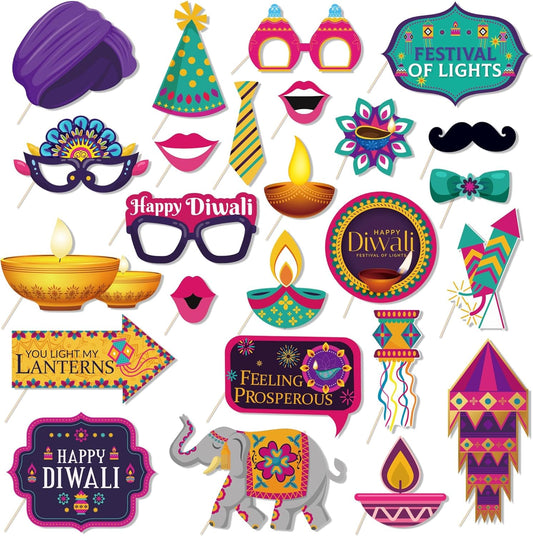 KYMY Happy Diwali Party Photo Booth Props Set, 1pc Deepavali Rangoli Selfie Frame with 20pcs Photo Booth Props, India Festival of Lights Party Favors for Hindu Diwali Themed Decorations Supplies