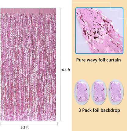 3 Pack Colorful Foil Fringe Curtain Backdrop - 6.6 x 3.3 ft Wavy Rainbow Tinsel Backdrop Curtain Metallic Streamers Iridescent Holiday Photo Booth Party Decorations