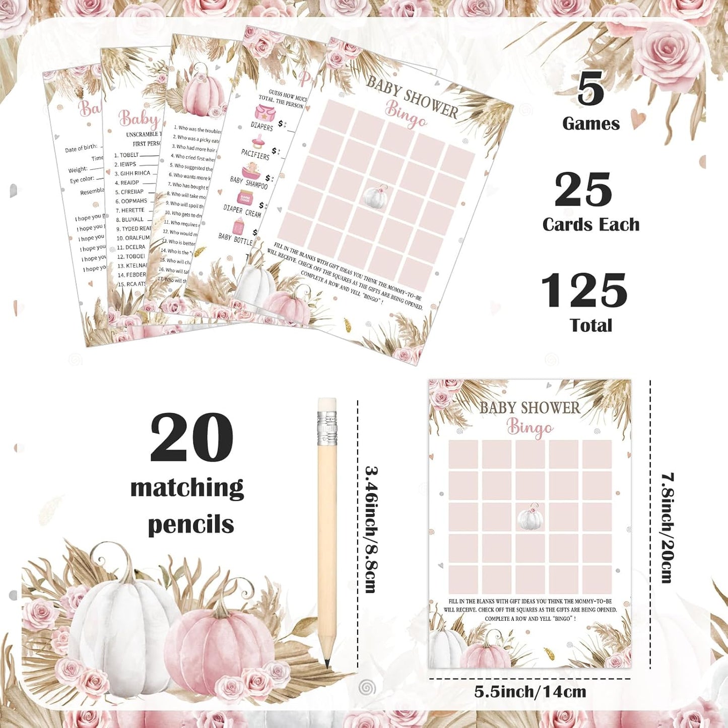 Yinder 145 Pcs Baby Shower Games Activities Cards with 20 Pencils Includes Baby Bingo Description and Wishes Guess Who Price is Right Word Scramble Game(Here Comes the Son)