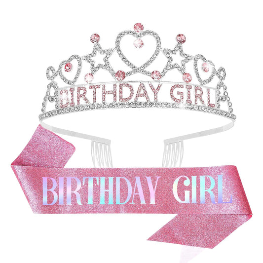 CIEHER Birthday Girl Crown and Sash Set for Birthday Decorations Gifts for Women Girls - Silver AB Rhinestones