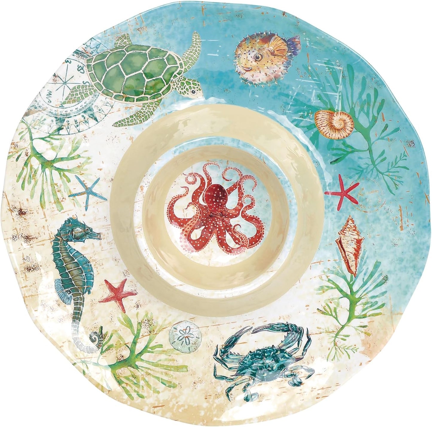 UPware Sea Life Melamine Chip and Dip Serving Tray, Round Serving Platter for Chips, Salsa, Fruit, and Snacks, Multicolor, 13.5 Inch