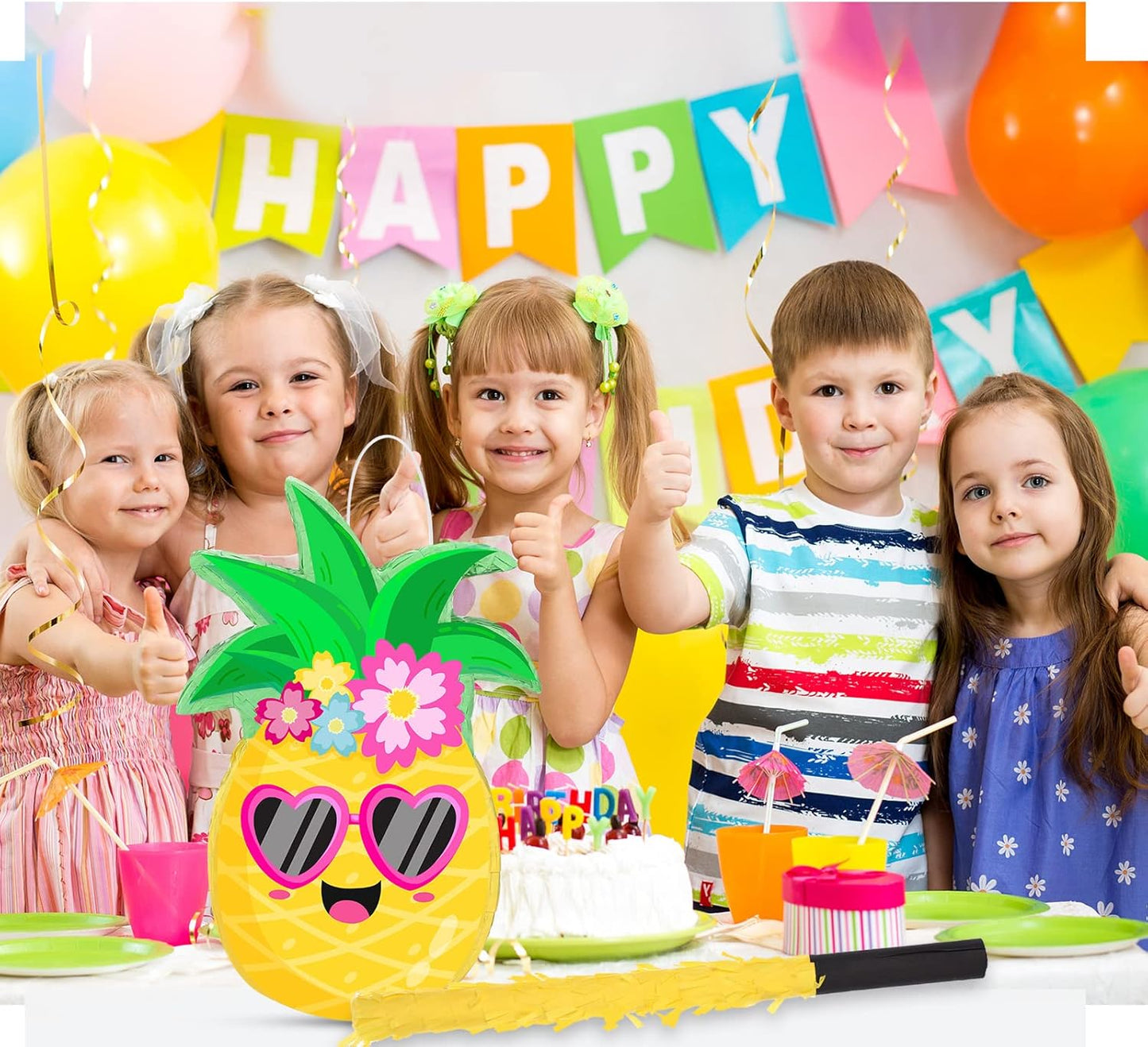 Threan Small Tiki Tropical Hawaii Piñata with Blindfold Bat Aloha Luau Piñata for Hawaiian Luau Themed Party Decoration Summer Birthday Party Supplies, 15.7 x 3.1 x 12.2 Inch