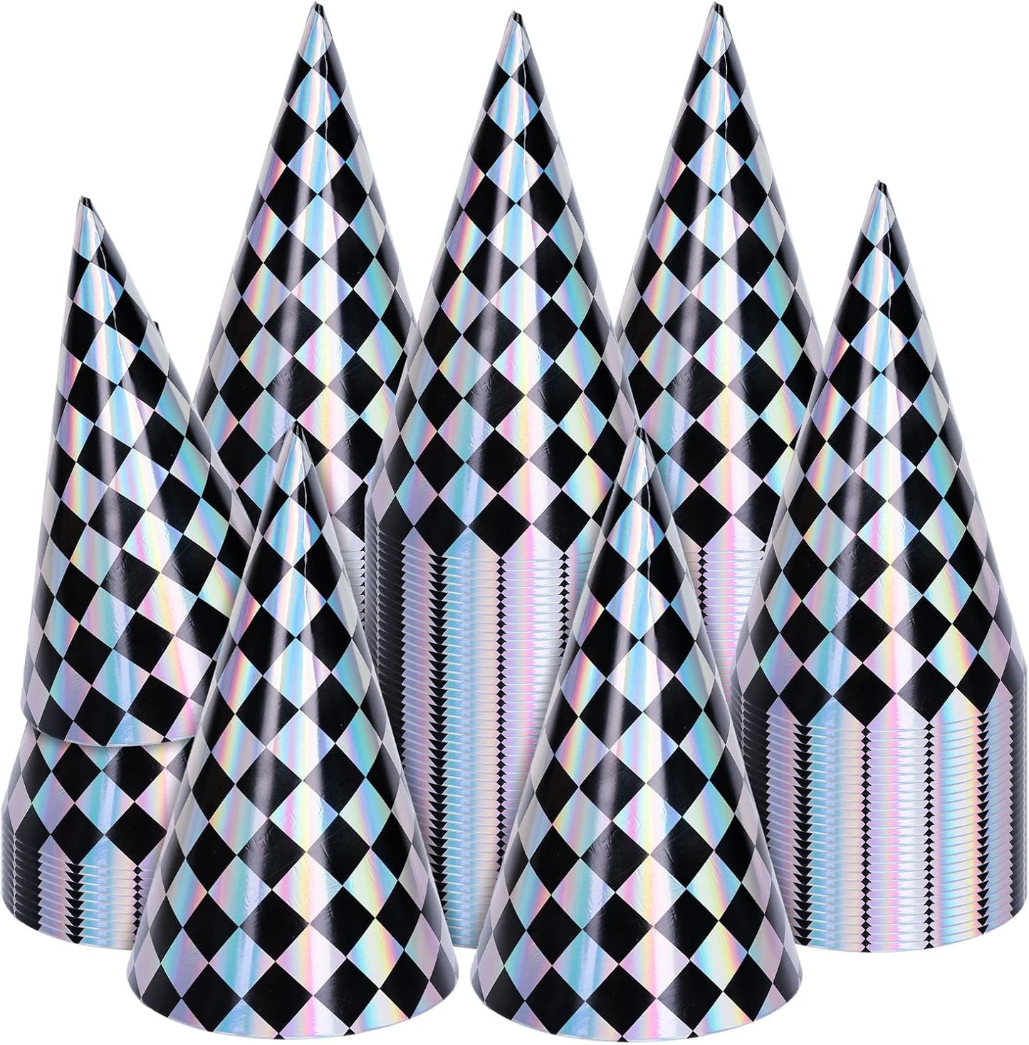 FYSUIMU 30Pcs Iridescent Checkered Birthday Party Hats Holographic Black Checkerboard Design Paper Cone Hat for Race Car Theme Birthday Party Supplies, 5.5 x 7.9 Inch