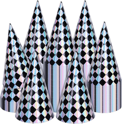 FYSUIMU 30Pcs Iridescent Checkered Birthday Party Hats Holographic Black Checkerboard Design Paper Cone Hat for Race Car Theme Birthday Party Supplies, 5.5 x 7.9 Inch