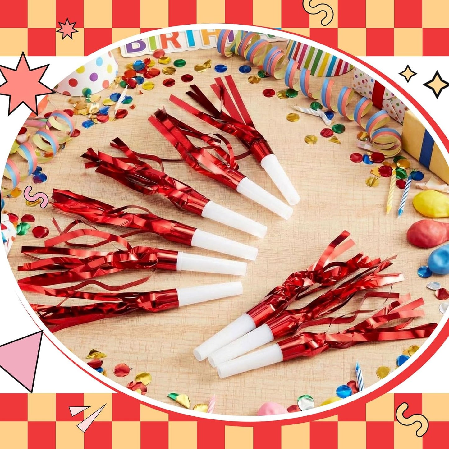 Sumind 24 Pcs Gold Noise Makers Metallic Fringed Party Blowers Horns Whistles Noisemakers Party Favors for Adults Birthday Graduation Sporting Events Celebration Surprise Supplies