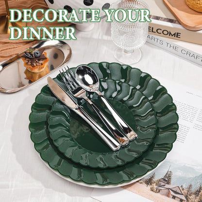 Lullaby 60PCS Ivory Scalloped Plastic Plates with Gold Rim, Disposable Elegant Plates Include 30pcs Dinner Plate 10.25", 30pcs Plastic Dessert Plate 7.5", Perfect for Wedding and Party