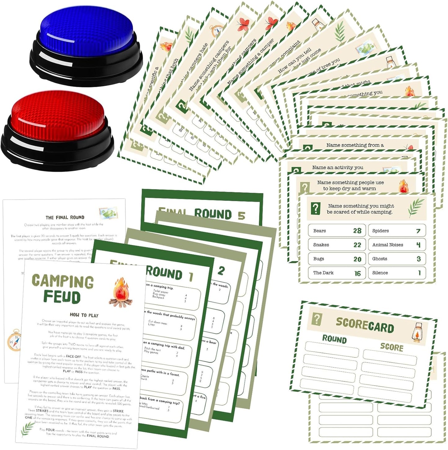 20 Pcs Retirement Friendly Feud Game Set Retirement Party Game Trivia Quiz with 18 Card 2 Buzzer for Adults Family Games Activities Party Supplies, Battery Not Included