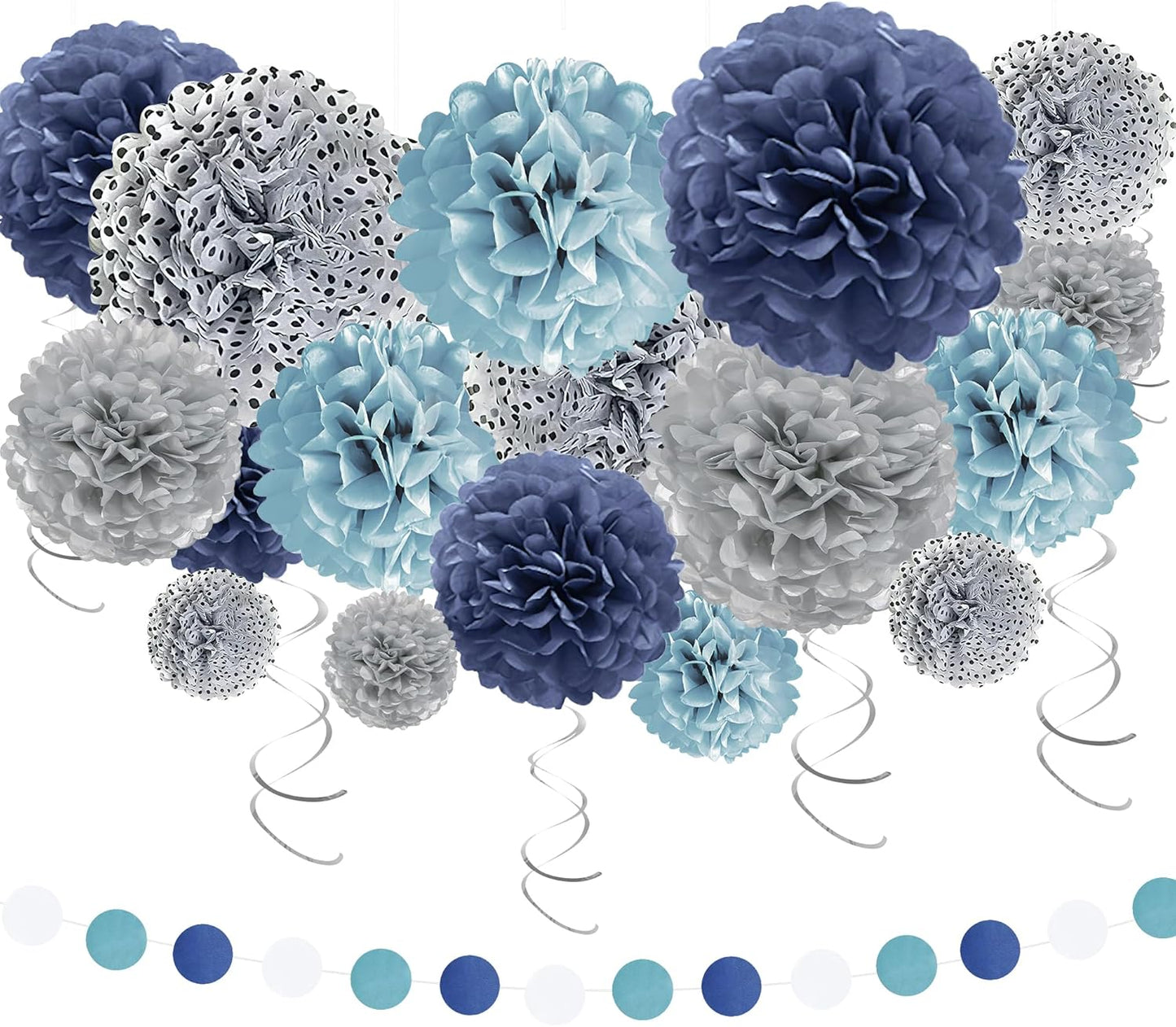 Tissue Paper Pom Poms - 23 PCS Dusty Blue Paper Flowers Pom Pom Kit Circle Dot Party Banner Hanging Swirl Party Decorations for Wedding Birthday Baby Shower Bridal Shower Tea Party