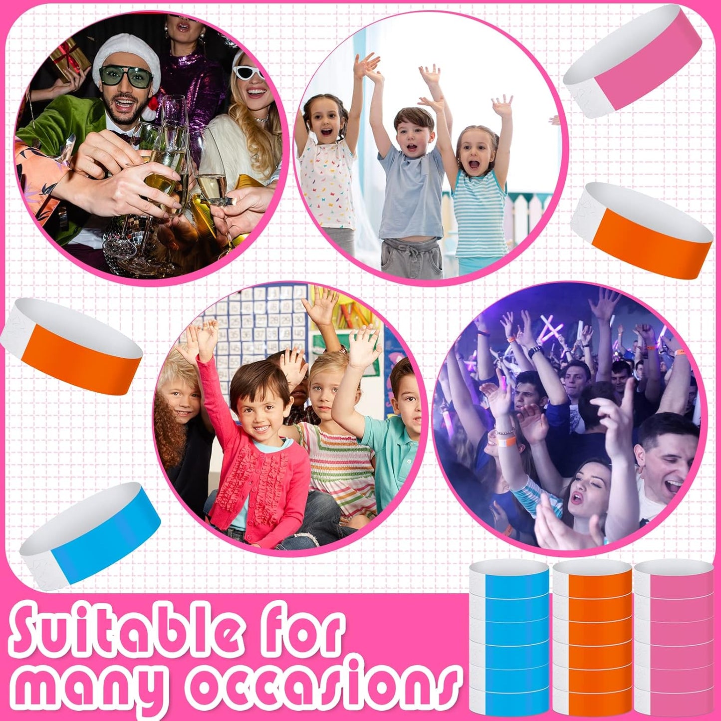 Tudomro 300 Pieces Paper Wristbands for Events Waterproof Neon Bracelets Concert Identification Wristbands Hand Bands Events Adhesive Bracelets for Party(Pink)