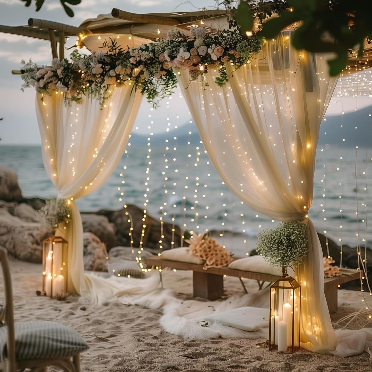 Fomcet Tulle Backdrop Curtains with Lights String White 10FT X 8FT Sheer Curtain with Lights Tulle Curtains Backdrop for Wedding Birthday Party Baby Shower Photo Shoot (2 Panels 5x8FT)