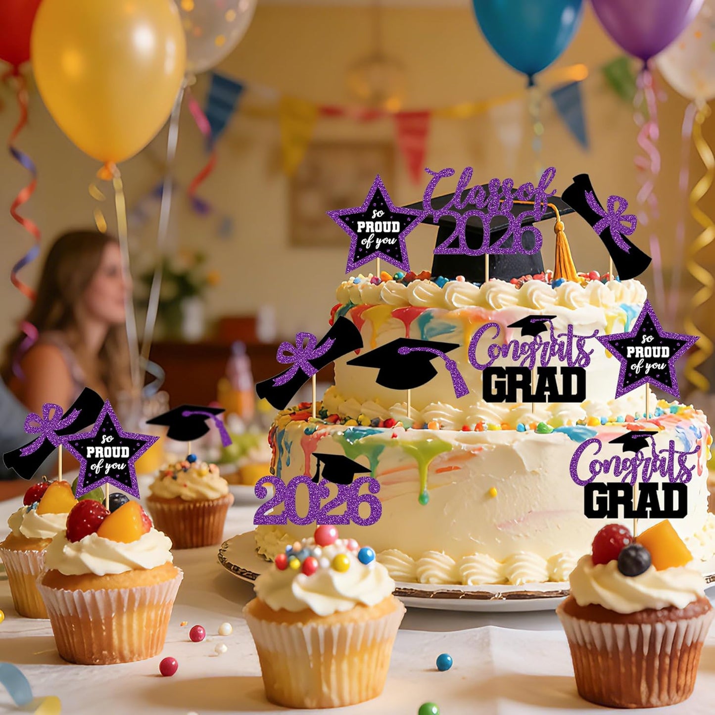 48 PCS Graduation Cupcake Toppers, Glittery 6 Styles Congrats Grad Cake Topper, Black and Red Graduation Decorations 2026, Cap and Diploma Cake Picks for Grad Party Supplies