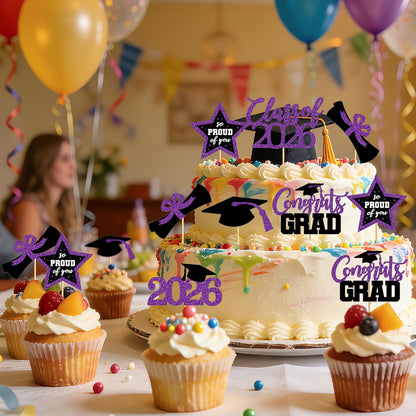 48 PCS Graduation Cupcake Toppers, Glittery 6 Styles Congrats Grad Cake Topper, Black and Red Graduation Decorations 2026, Cap and Diploma Cake Picks for Grad Party Supplies