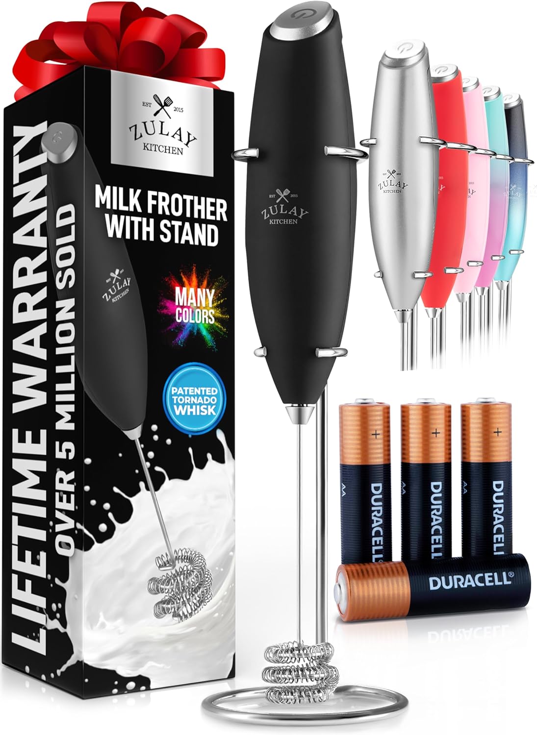Zulay Kitchen Powerful Milk Frother Wand With Duracell Batteries - Ultra Fast Handheld Drink Mixer - Electric Whisk Foam Maker for Coffee, Lattes, Cappuccino & Matcha - Z1 Motor - Black - Colors B