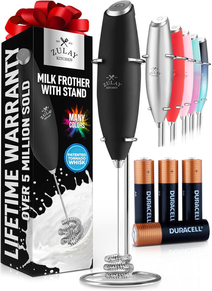 Zulay Kitchen Powerful Milk Frother Wand With Duracell Batteries - Ultra Fast Handheld Drink Mixer - Electric Whisk Foam Maker for Coffee, Lattes, Cappuccino & Matcha - Z1 Motor - Black - Colors B