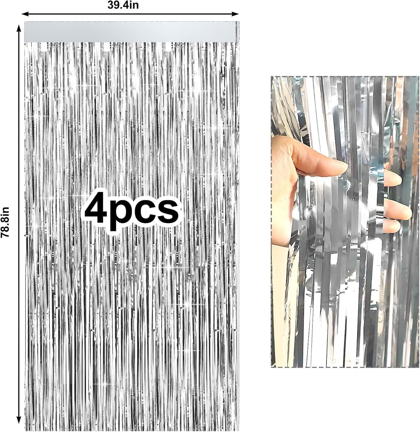 4 Packs Silver Foil Fringe Curtain, Silver Glitter Metallic Tinsel Backdrop for Birthday, Wedding, Baby Shower, Bachelorette, 70s 80s 90s Theme Disco Party, Iridescent Party Decorations Supplies