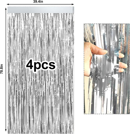 4 Packs Silver Foil Fringe Curtain, Silver Glitter Metallic Tinsel Backdrop for Birthday, Wedding, Baby Shower, Bachelorette, 70s 80s 90s Theme Disco Party, Iridescent Party Decorations Supplies