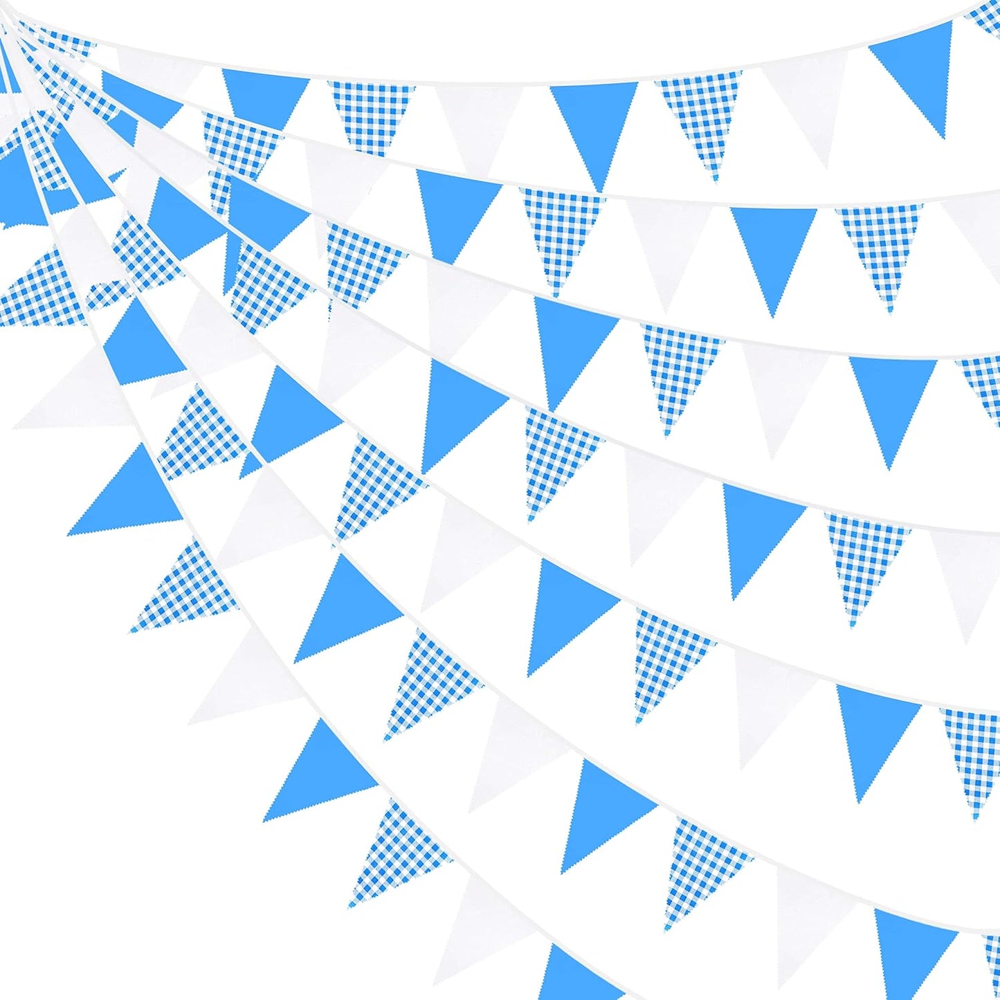 32Ft Dusty Blue Party Decorations Retro Blue Gingham Triangle Banner Flag Pennant Fabric Garland Streamers for Nautical Wedding Birthday Ahoy Achor Bridal Baby Shower Under The Sea Decor Supplies