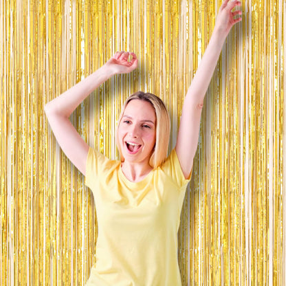 Voircoloria 3 Pack 3.3x8.2 Feet Gold Foil Fringe Backdrop Curtains, Tinsel Streamers, Fringe Backdrop for 2025 New Years Eve, Graduation, Birthday, Baby Shower, Gender Reveal, Disco Party - Colors B