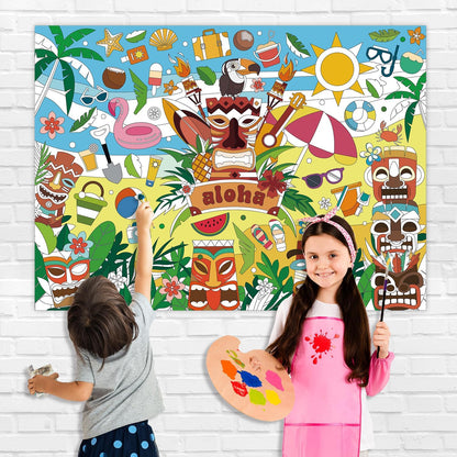 43.3x31.5 Summer Coloring Poster with Picture, Giant Cute Painting Poster, Large Coloring Tablecloth for Classroom Home Birthday Party Supplies Favor