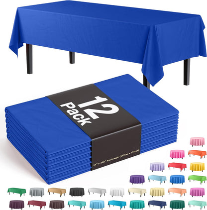 12-Pack Premium Plastic Tablecloth 54in. x 108in. Rectangle Table Cover - Dark Blue - Colors A