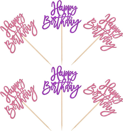 24 PCS Happy Birthday Cupcake Toppers Glitter Picks for Celebrating Anniversary Theme Party Cake Decorations Supplies Gold