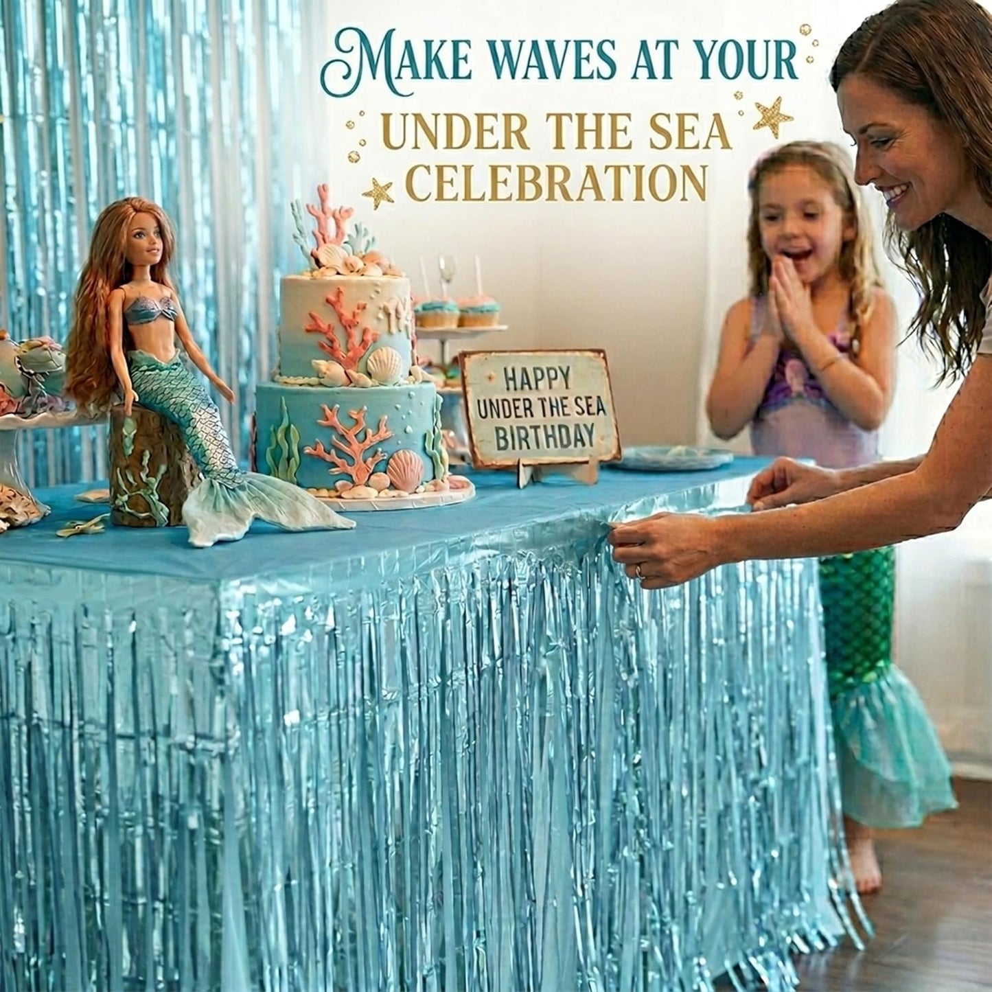 Blue Streamers Party Decorations, 2 Packs Blue Table Skirts Metallic Foil Fringe Tinsel for Birthday Under the Sea Boy Baby Shower Float Parade Mardi Gras Graduation Party Supplies -29x108Inch