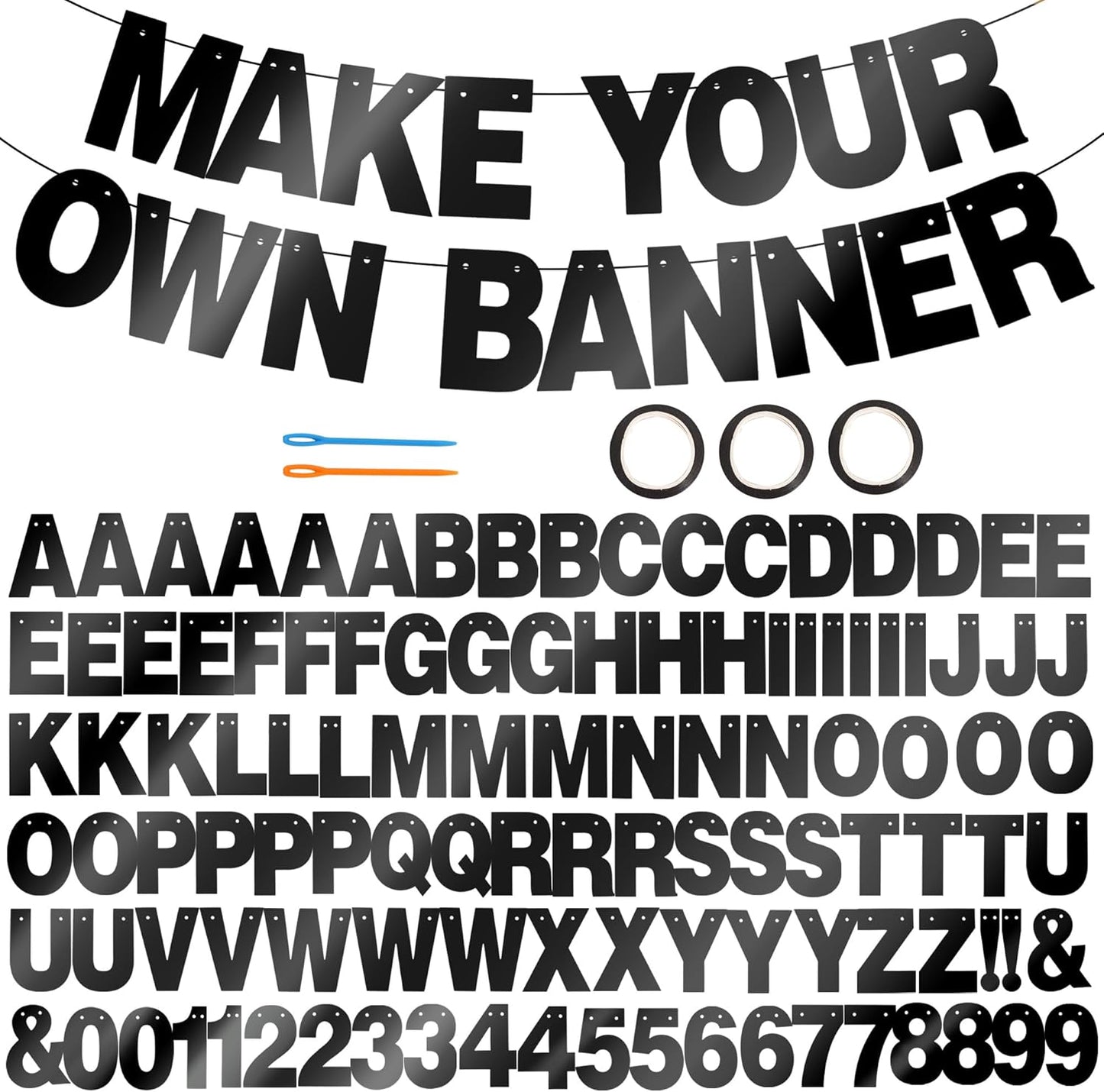 BEISHIDA 116 PCS A-Z DIY Letter Banner Kit Make Your Own Banner Including 111 Letters and Numbers 3 Rope and 2 Threading Device,Customized for Birthday Graduation Wedding Decor Black