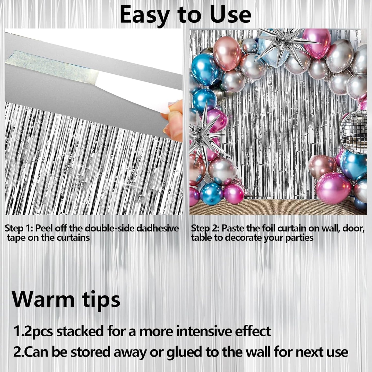 4 Packs Silver Foil Fringe Curtain, Silver Glitter Metallic Tinsel Backdrop for Birthday, Wedding, Baby Shower, Bachelorette, 70s 80s 90s Theme Disco Party, Iridescent Party Decorations Supplies