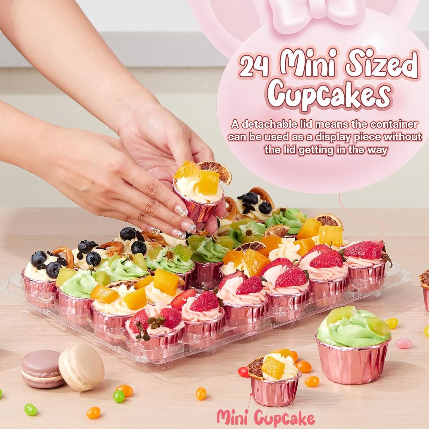 Hlukana (24 Pack x 15 Sets) Mini Cupcake Containers with 375 Pack Cupcakes Liners, Plastic Cupcake Holder, Stackable Mini Cupcake Boxes Carrier, Clear Disposable Cupcake Trays, High Dome - MINI SIZE