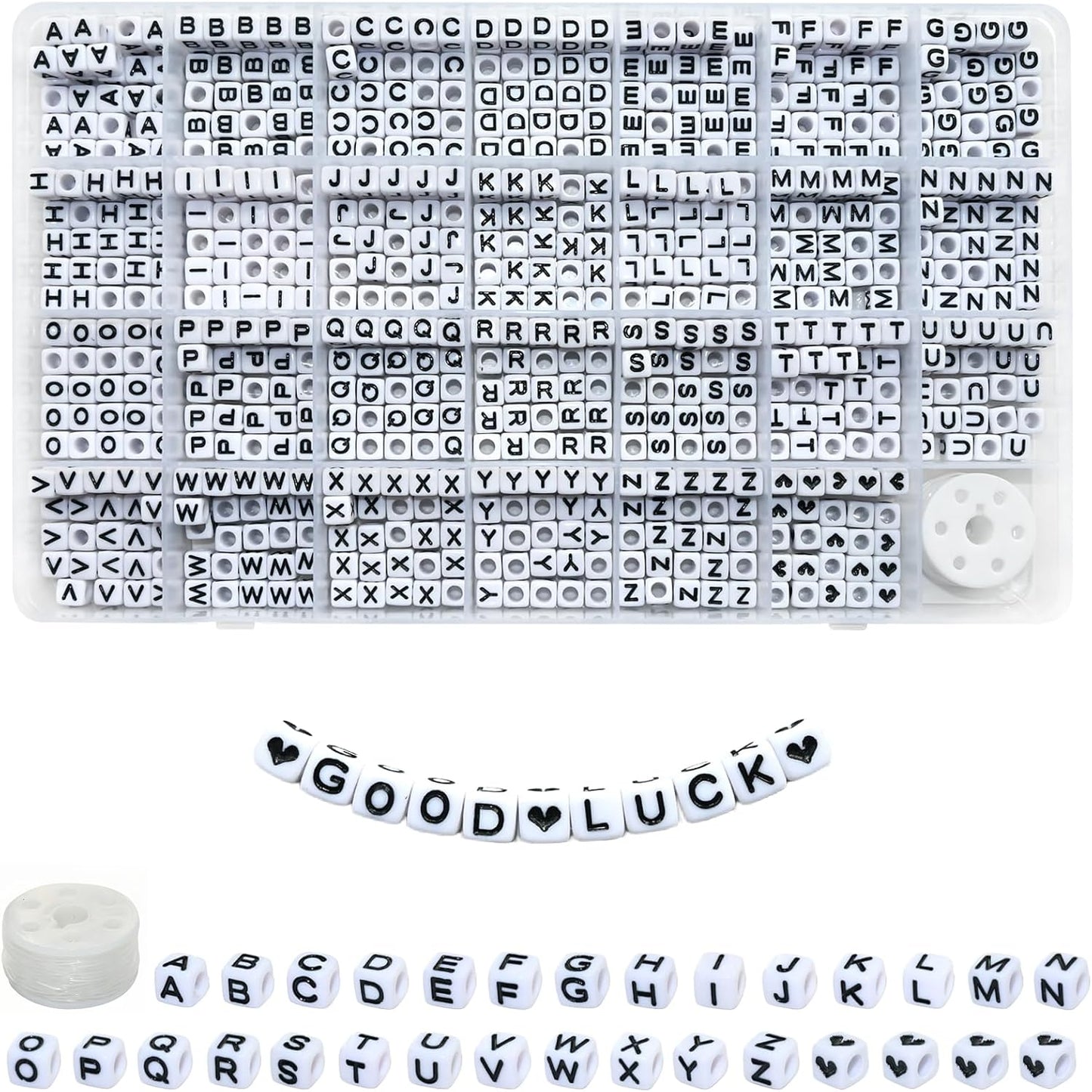 Amaney 1400pcs Glow Letter Beads, Heart Beads Whit Elastic Beading Cord,4x7mm Round Acrylic Alphabet Beads for Friend Bracelet Jewelry Making