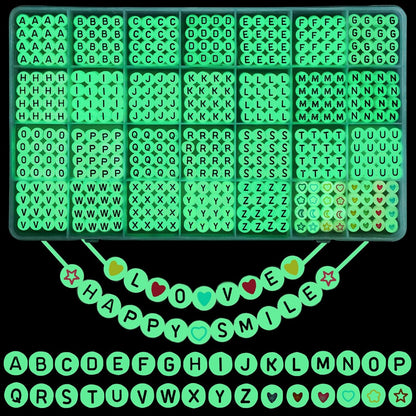 DIYDEC 1400pcs Glow Letter Beads 4x7mm Acrylic Glow in The Dark 28 Grids Round Letter Beads UV Luminous Alphabet Bead with Heart Bead for Bracelets Making DIY Crafts for Girls Adults