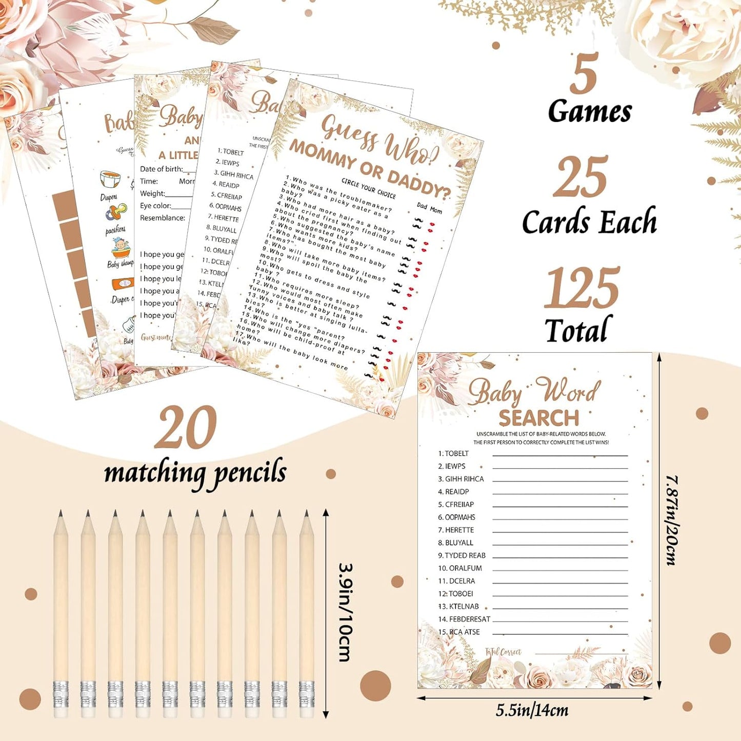 Yinder 145 Pcs Baby Shower Games Activities Cards with 20 Pencils Includes Baby Bingo Description and Wishes Guess Who Price is Right Word Scramble Game(Here Comes the Son)