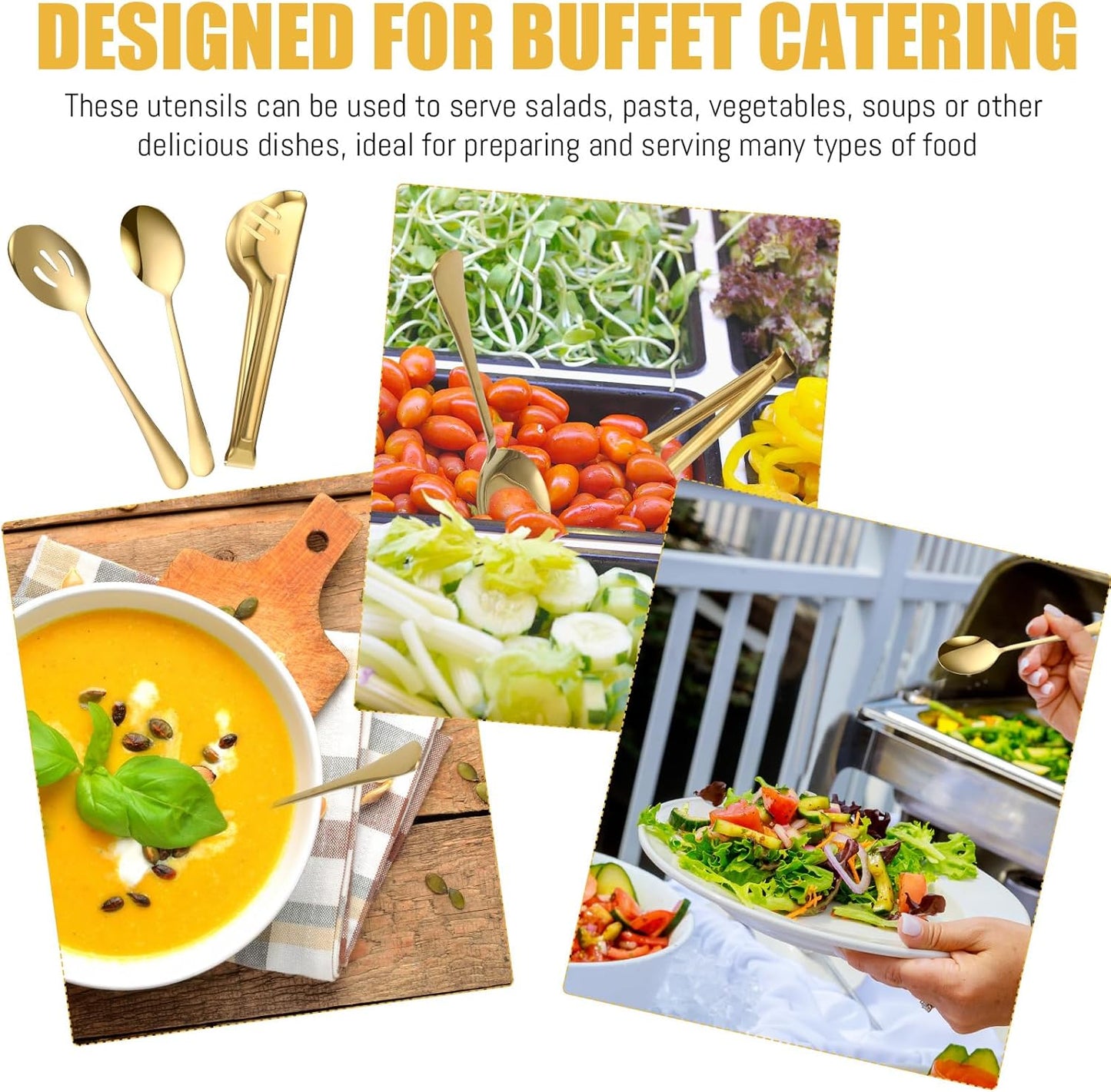 Sabary 36 Pcs Stainless Steel Serving Utensils for Buffet Parties Including 12 Serving Spoons 12 Slotted Spoons 12 Serving Tongs Large Metal Flatware Set for Tanksgiving Catering Banquet(Gold)