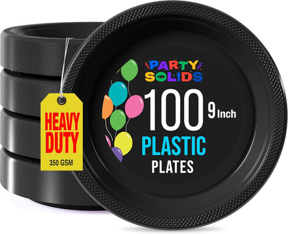 Party Solids Black Plastic Plates For Party 10" Black Disposable Plates For Party Supplies 100 Pcs Plastic Dinnerware Sets Heavy Duty 350 GSM Disposable Dinnerware Set