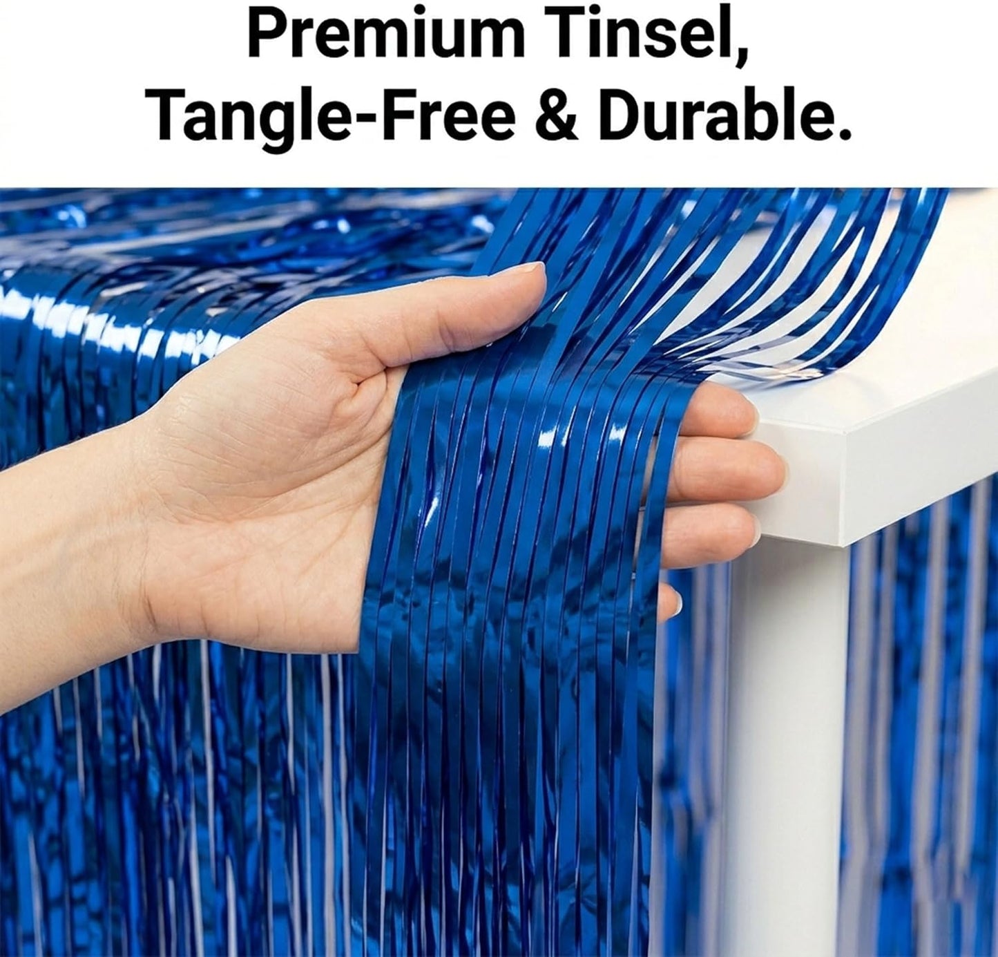 Blue Streamers Party Decorations, 2 Packs Blue Table Skirts Metallic Foil Fringe Tinsel for Birthday Under the Sea Boy Baby Shower Float Parade Mardi Gras Graduation Party Supplies -29x108Inch