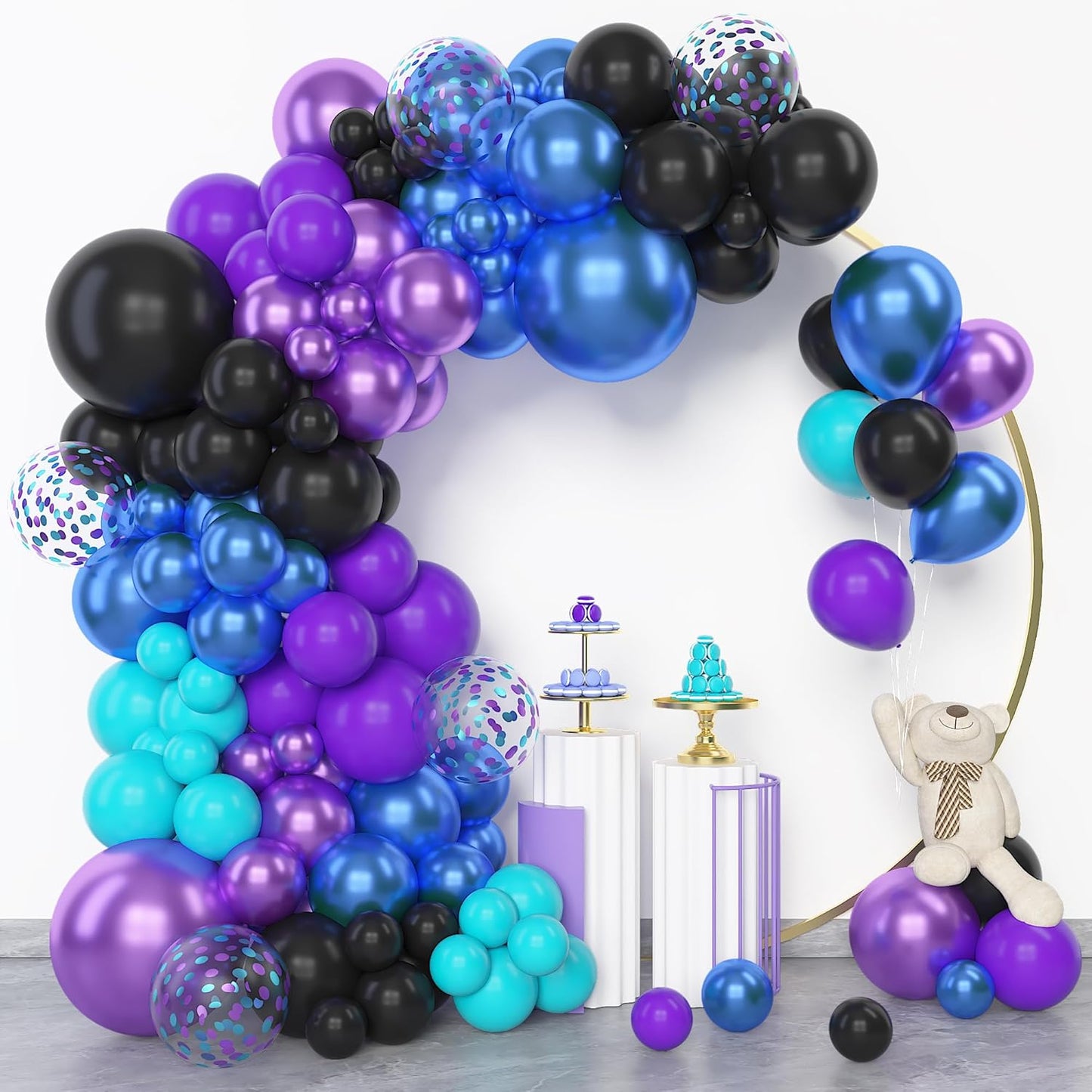 Amandir 153pcs Purple Blue Pink Balloon Garland Arch Kit, Different Sizes 18 12 10 5 inch Teal Yellow Latex Metallic Confetti Balloons for Magic Birthday Engagement Party Decoration
