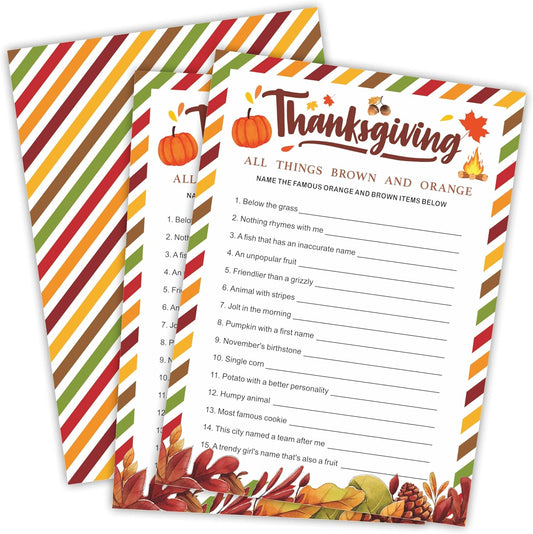 Thanksgiving Scavenger Hunt Game Set, 30 Harvest Stripes Theme Double-Sided Game Cards for Thanksgiving Parties, Family, Friends & Classroom Activities -B04