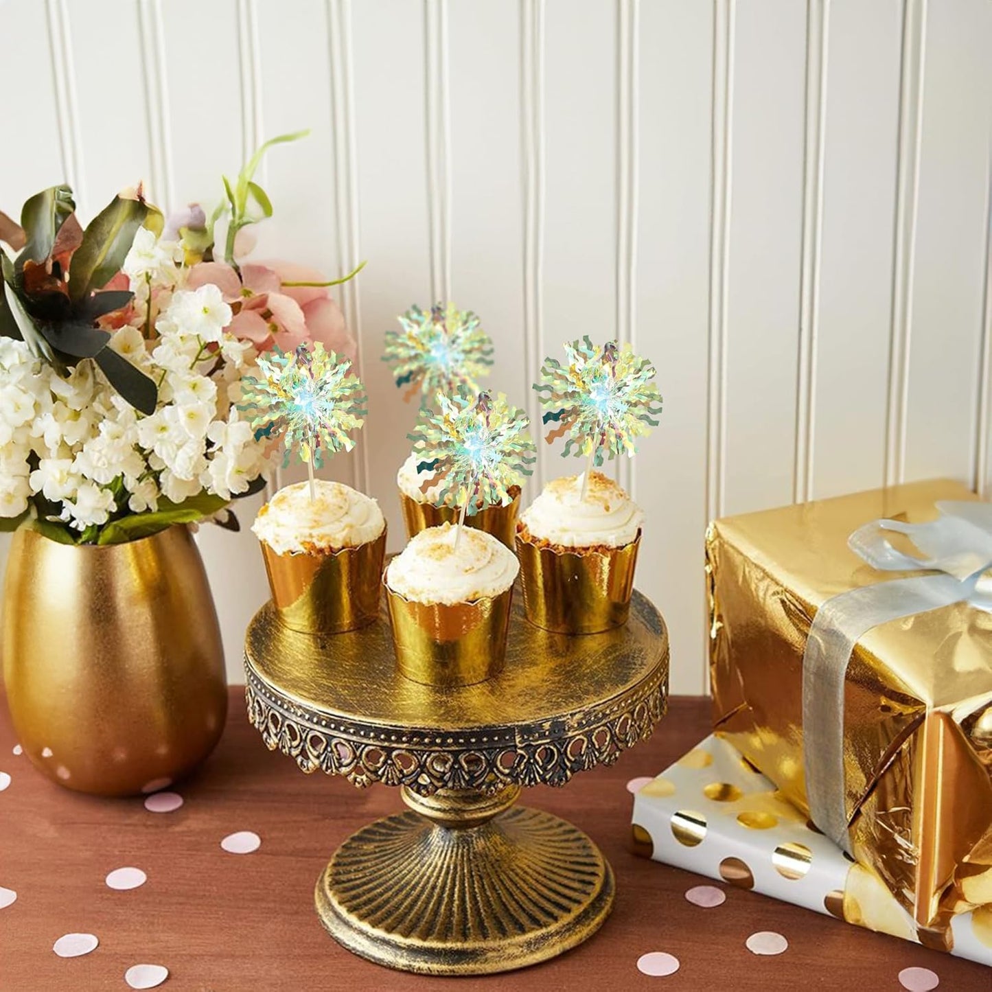 Ephlyn 30Pcs Foil Firework Cupcake Toppers Sparkle Tinsel Cupcake Picks Drink Stirrers Cocktail Food Fruit Toothpicks for Baby Shower Graduation Party Supplies White