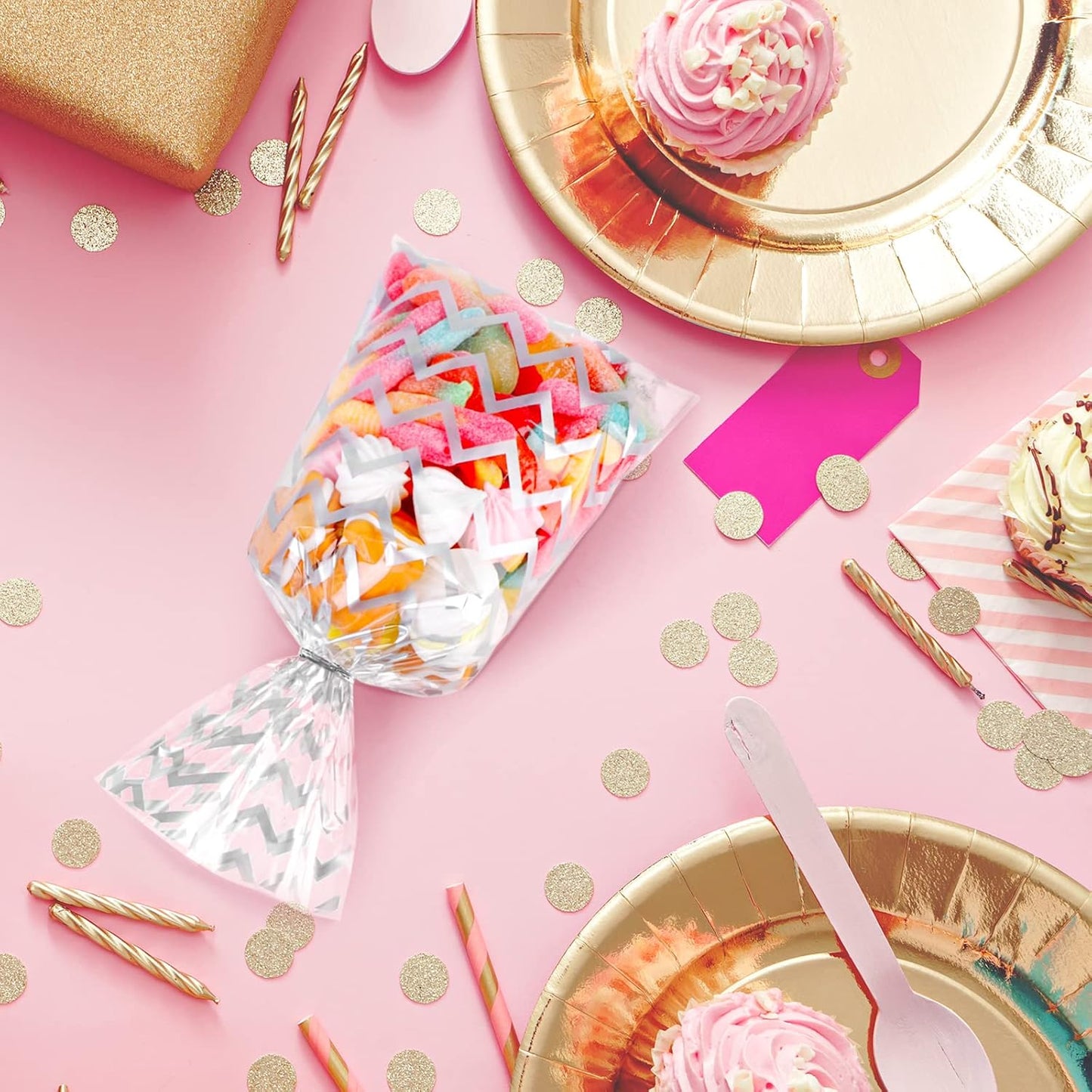 Aodaer 100 Pieces 10.6 x 5.1 In White Cellophane Bags Plastic Candy Gift Bag Cellophane Treat Bags with Twist Ties Stripes Polka Dot Printed Pattern Goodie Bag for Birthday Weddings Party Favors