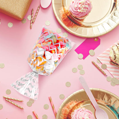 Aodaer 100 Pieces 10.6 x 5.1 In White Cellophane Bags Plastic Candy Gift Bag Cellophane Treat Bags with Twist Ties Stripes Polka Dot Printed Pattern Goodie Bag for Birthday Weddings Party Favors