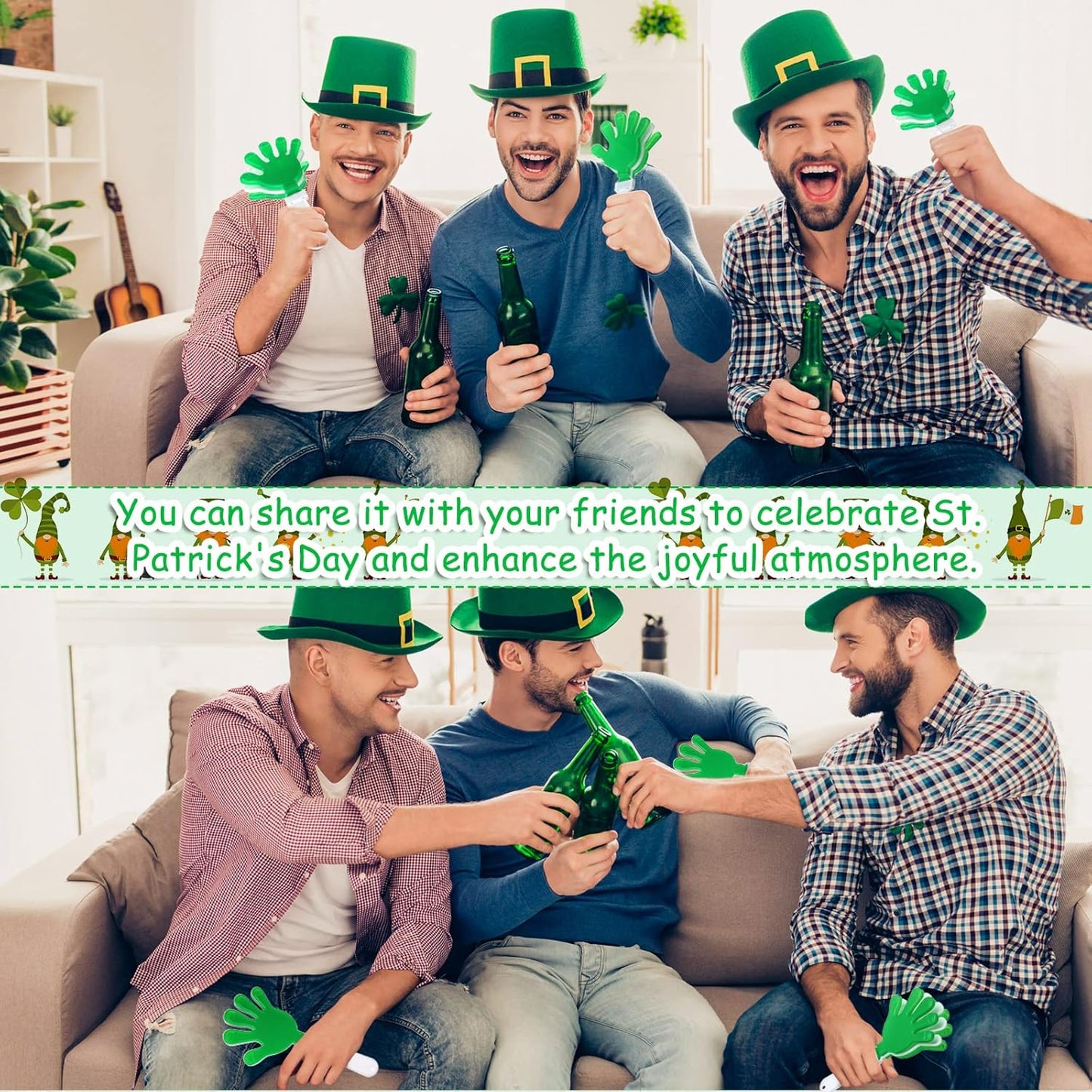 50 Pcs 7.5 Inch Green/White Hand Clapper Plastic Noise Makers for Sporting Events St. Patrick's Party Hand Clappers Noisemakers for St. Patrick's Day Party Favors Birthday Sports Game Celebration