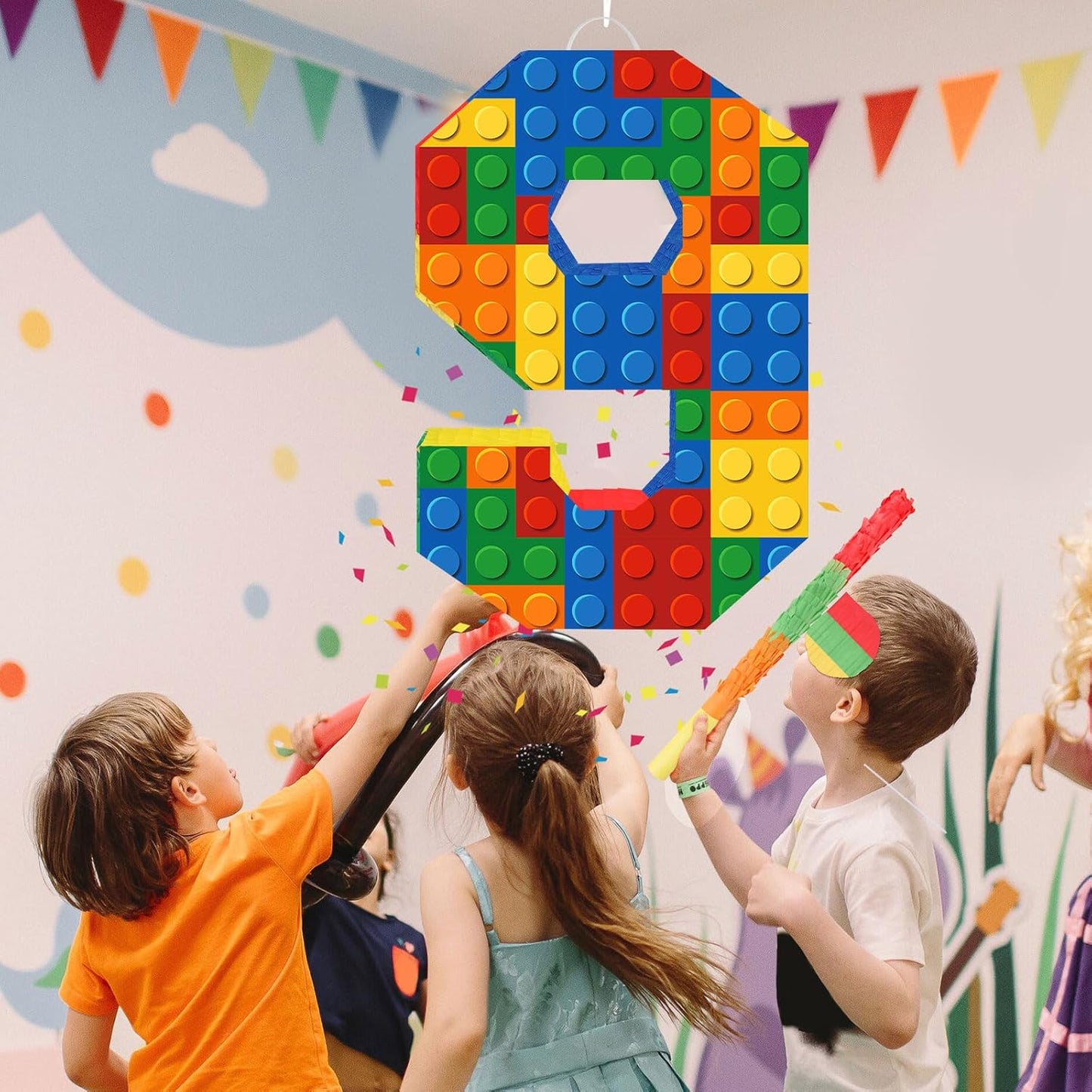 Number 7 Pinata Building Blocks with Pinata Stick Blindfold 7th Birthday Party Decorations Happy Birthday Building Block Theme Anniversary Party Supplies for Kids (Small, 16 x 10.6 x 3 in)