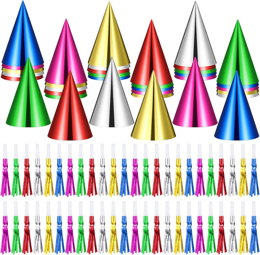 Soulchen 96 Pcs Birthday Party Favor Colorful Party Cone Hats with Colorful Fringed Noise Makers Horns Blowouts Horns Whistles Musical Noisemaker