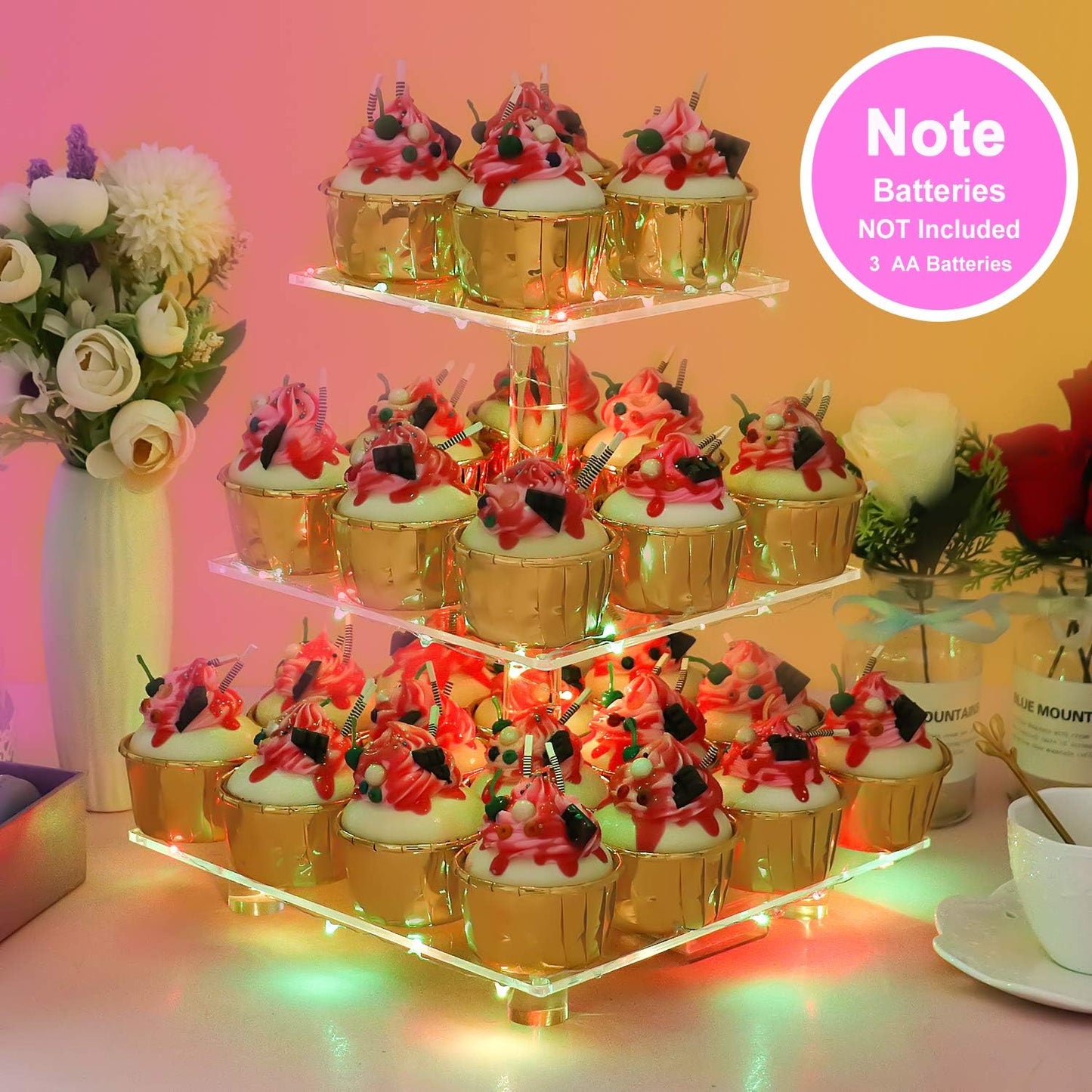 YestBuy Cupcake Stand with Yellow Led Lights, 4 Tier Cupcake Stand for 50 Cupcakes, Acrylic Cupcake Tower Stand, Clear Tiered Cupcake Holder for Birthday Cady Bar Décor Weddings, Parties Events